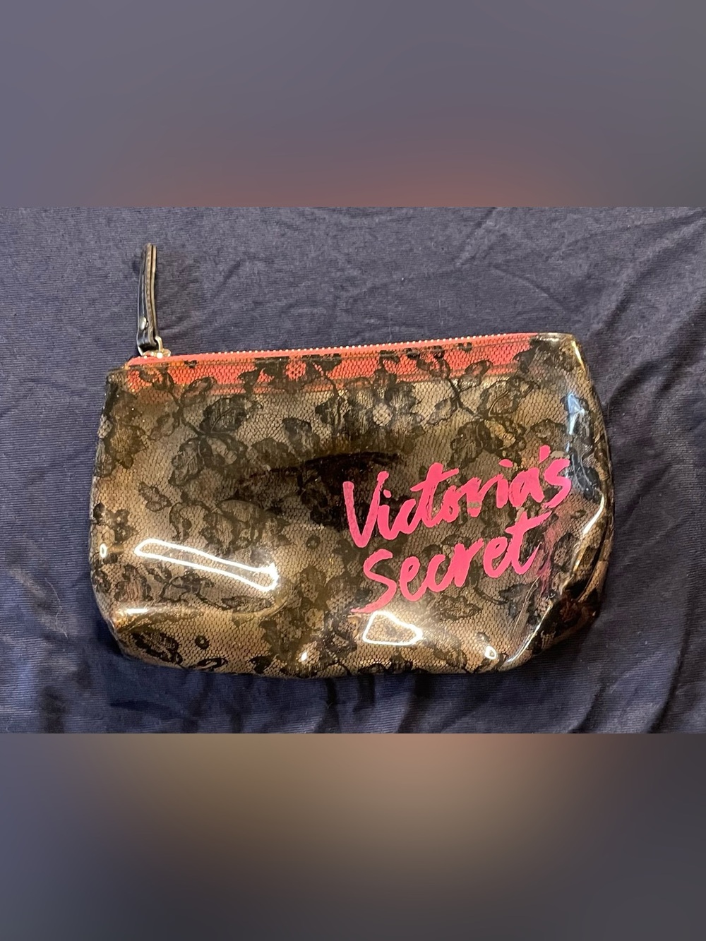 Victoria's Secret Black Lace Cosmetic Pouch with Pink Logo and Coral Zip